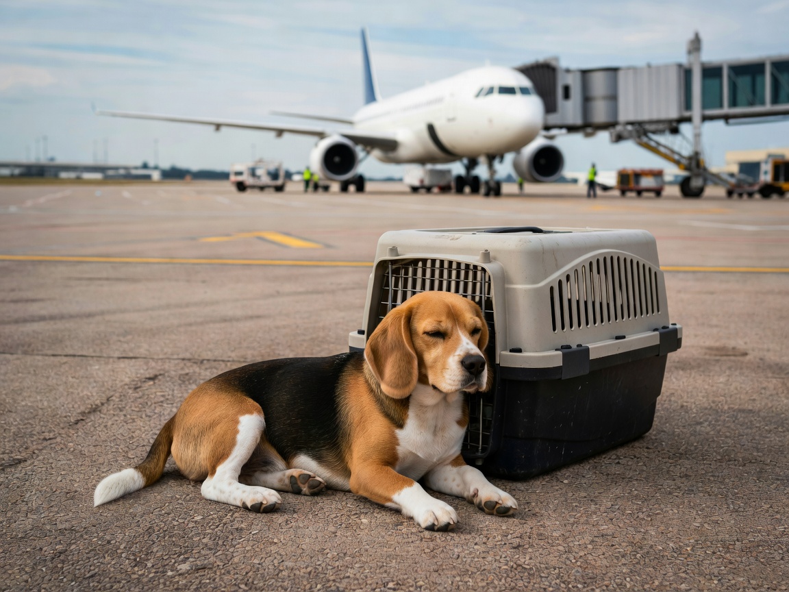 Beagle resting beside an airline travel carrier on the airport tarmac