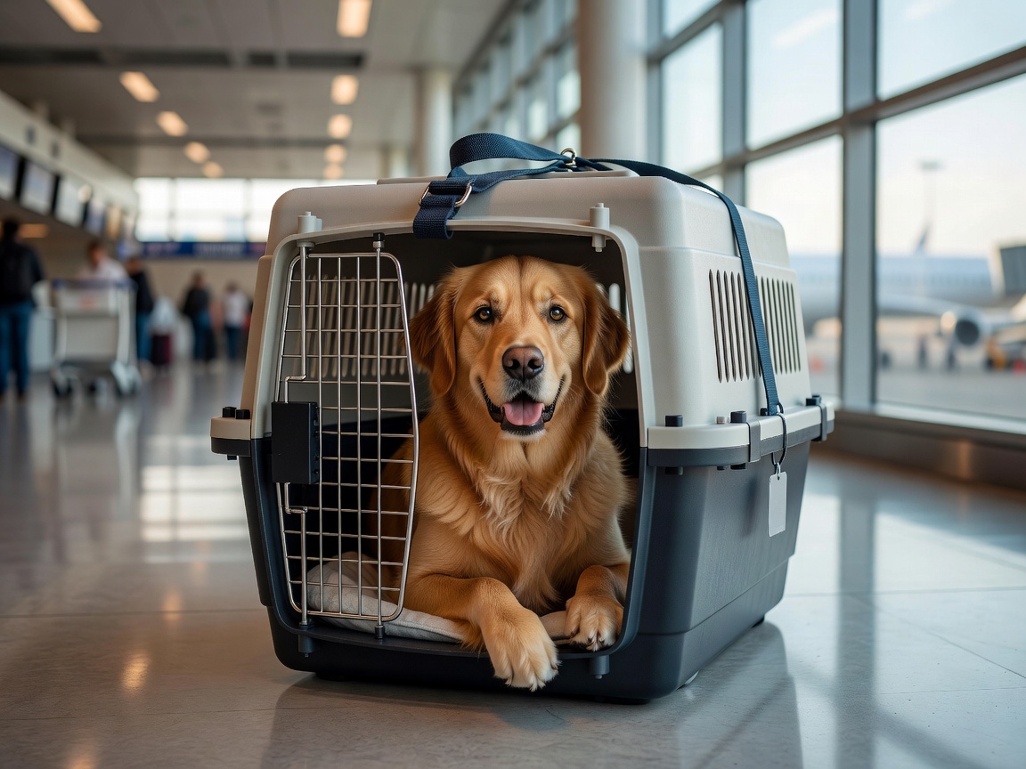 Golden retriever awaiting international pet flight boarding in an airline approved crate