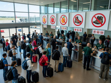Panoramic view of international destination entry showing Australian biosecurity standards
