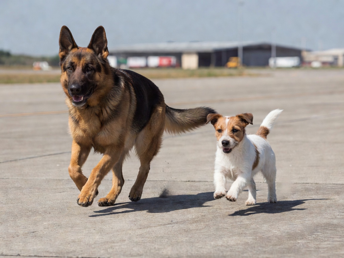 Two running dogs illustrating breed sizing for IATA crate regulations