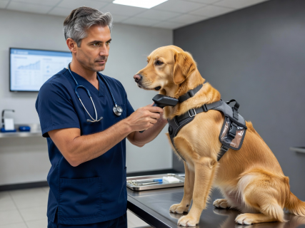 Veterinary clinician checking an ISO standard microchip on a travel-ready dog
