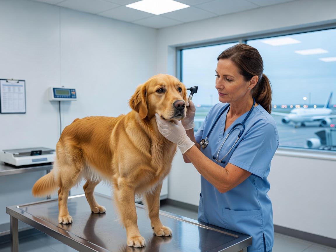 Veterinary doctor examining dog before international flight certification