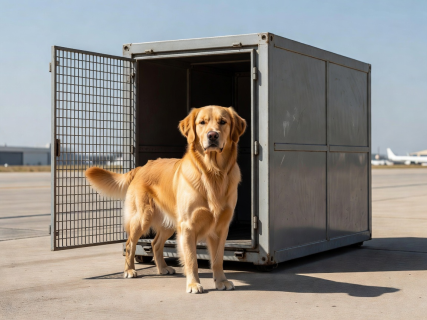 Well-proportioned dog standing outside an aviation travel crate